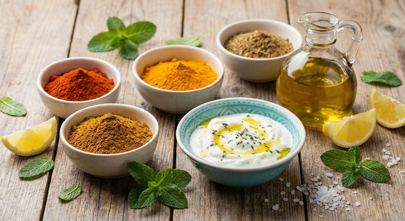 다양한 향신료와 요거트, 올리브유가 담긴 볼