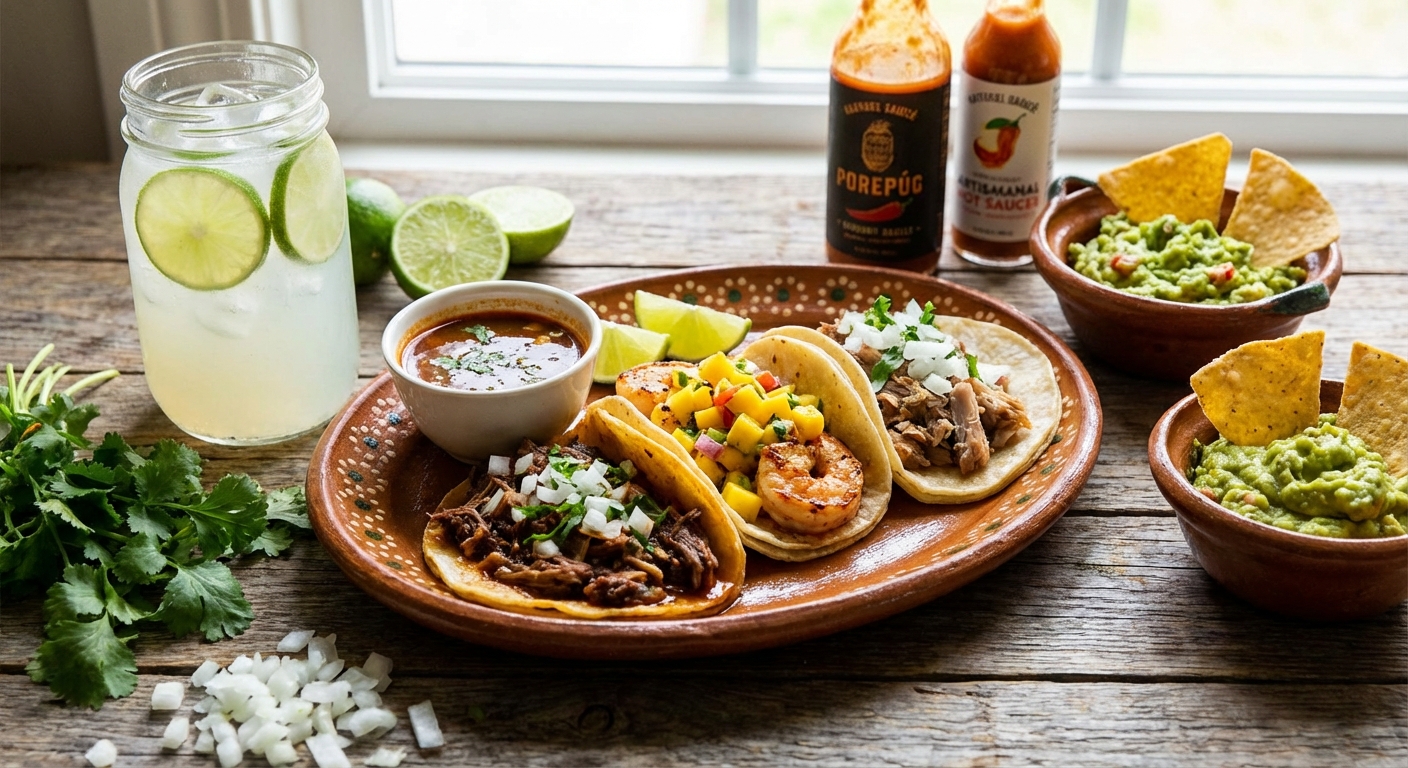 타코와 음료가 함께 놓인 테이블