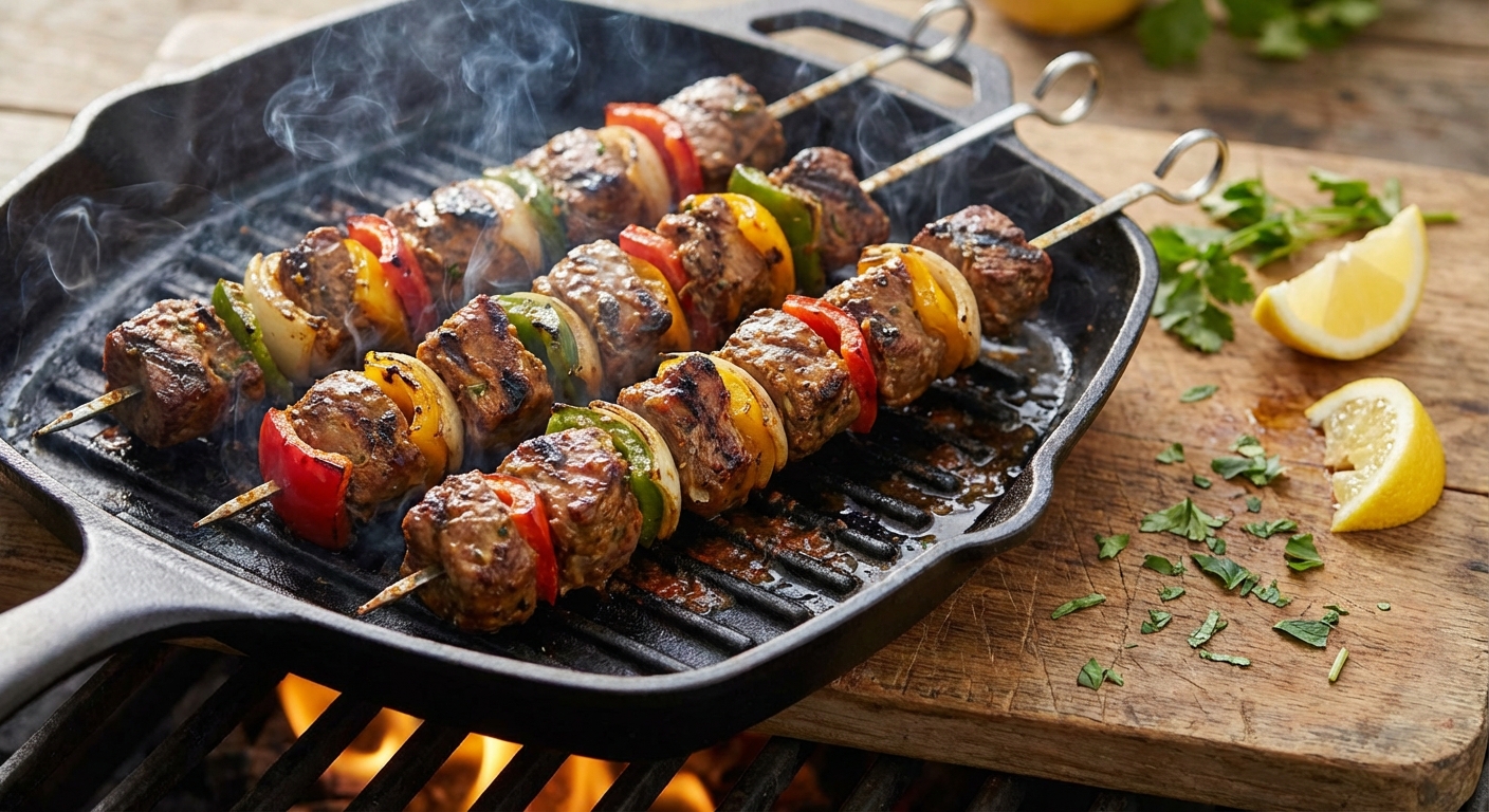 그릴 팬 위에서 익어가는 케밥 꼬치들