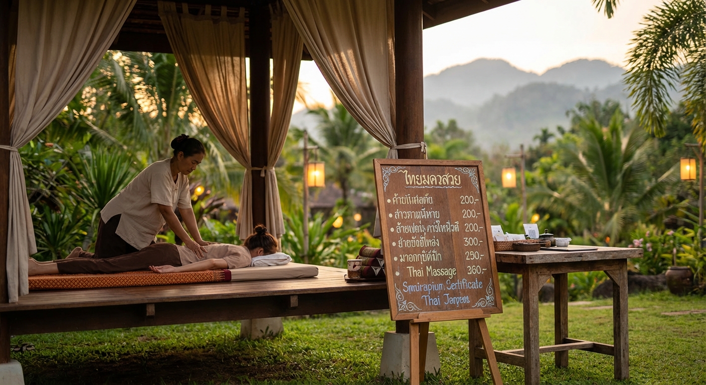 타이 마사지 시술 장면과 가격표