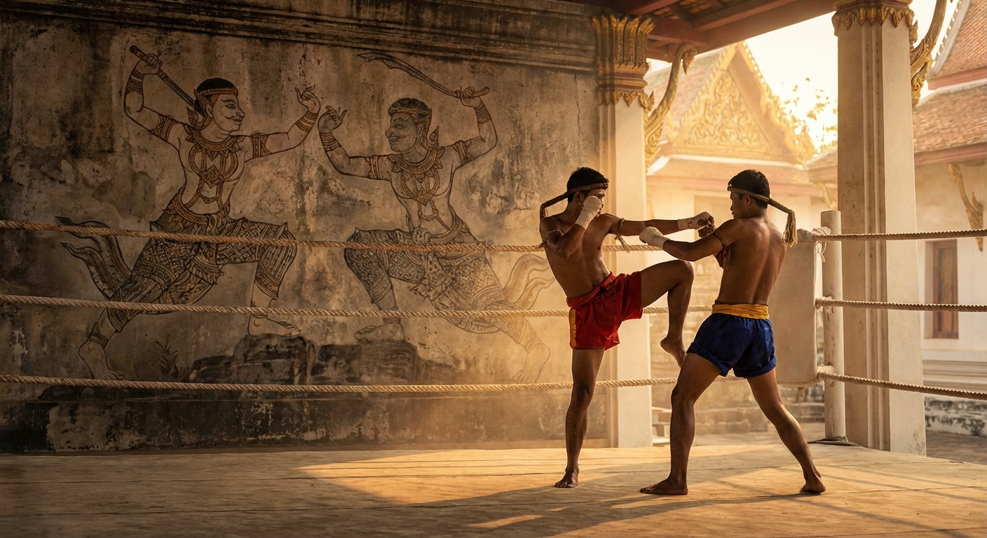 전통 무에타이 경기 장면과 고대 벽화