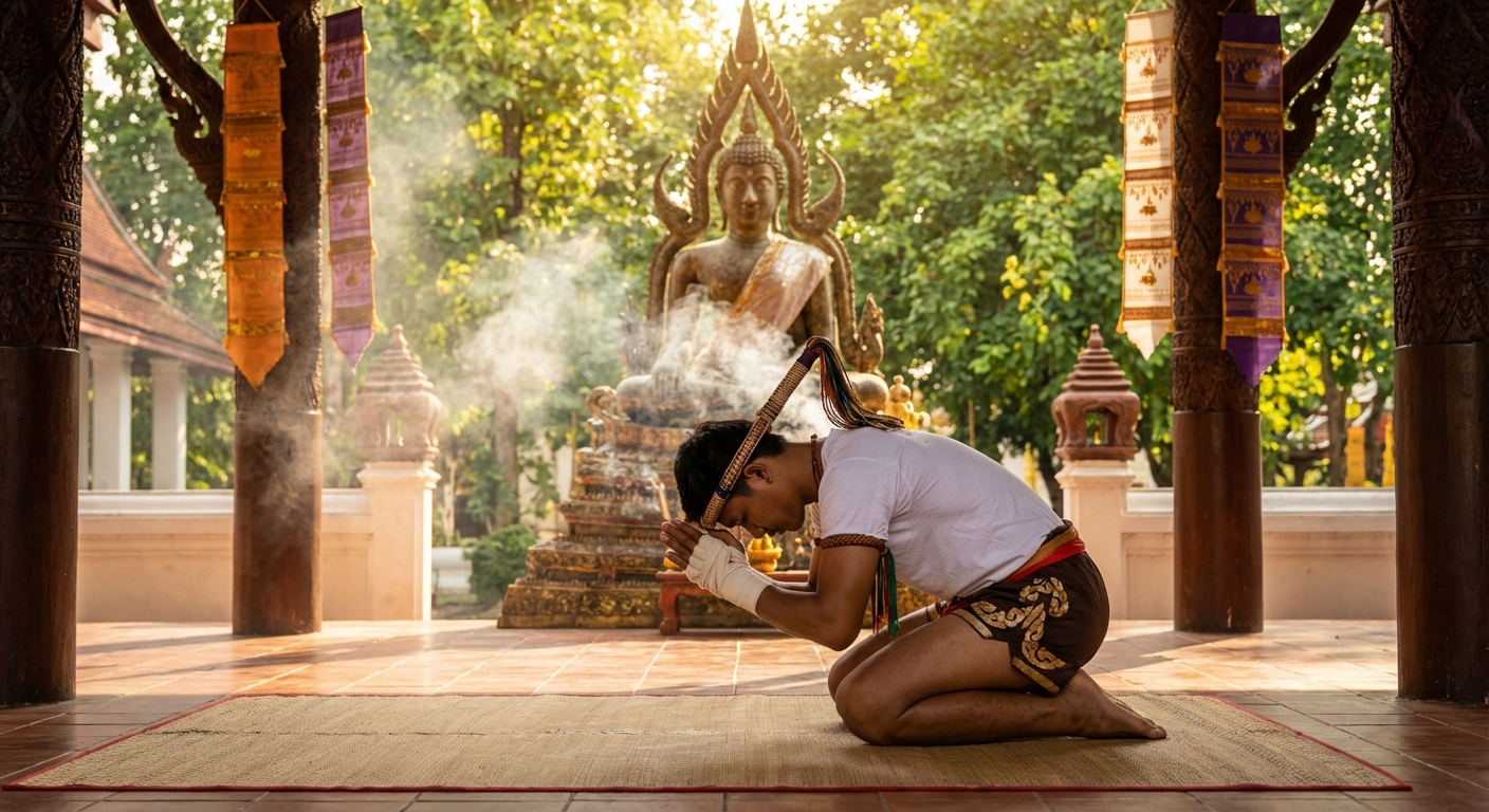 와이크루 의식을 하는 무에타이 선수와 몽콘