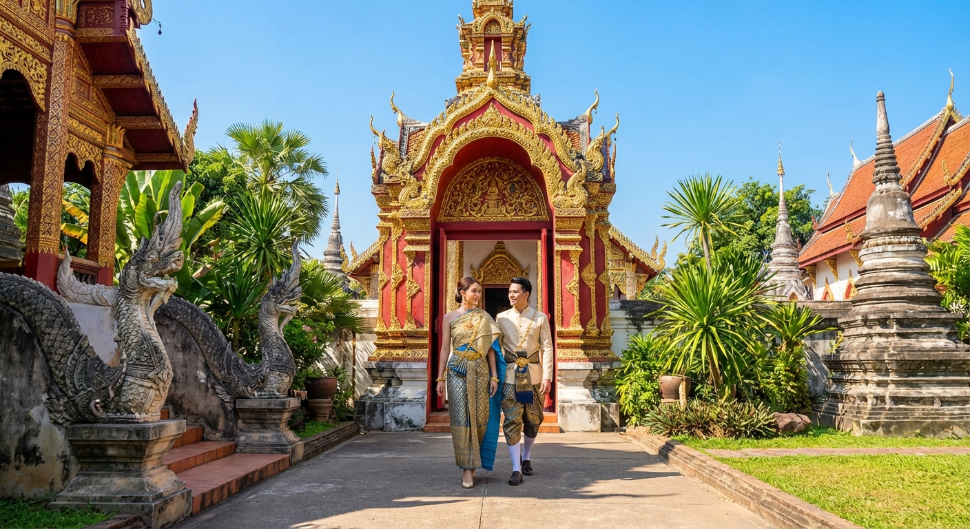 태국 전통 의상과 사원 입구