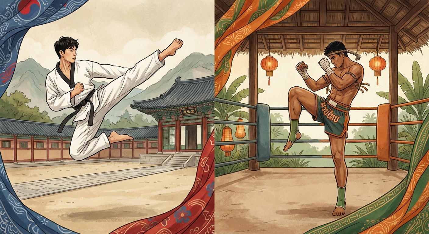 태권도와 무에타이 기술 비교 일러스트