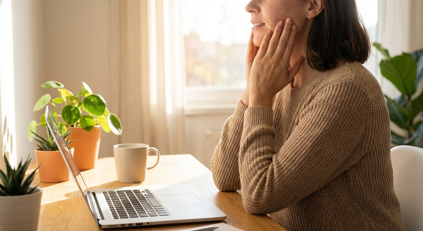 책상 앞에서 턱 운동을 하는 직장인