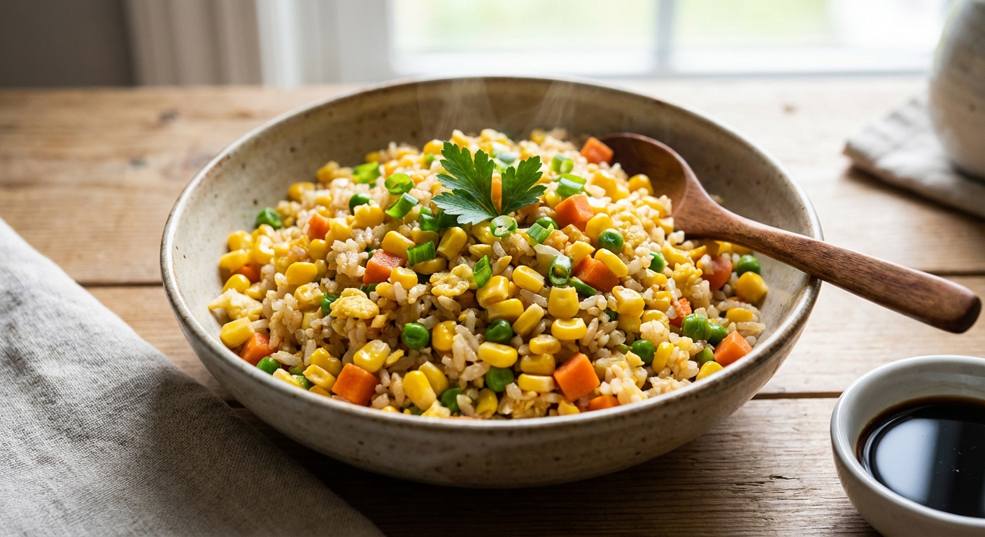 노란 옥수수가 가득한 볶음밥