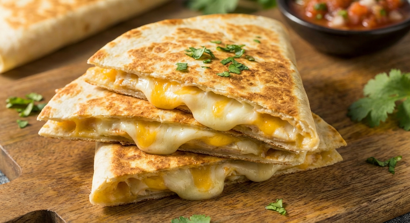 노릇하게 구워진 퀘사디아 단면과 녹아내린 치즈