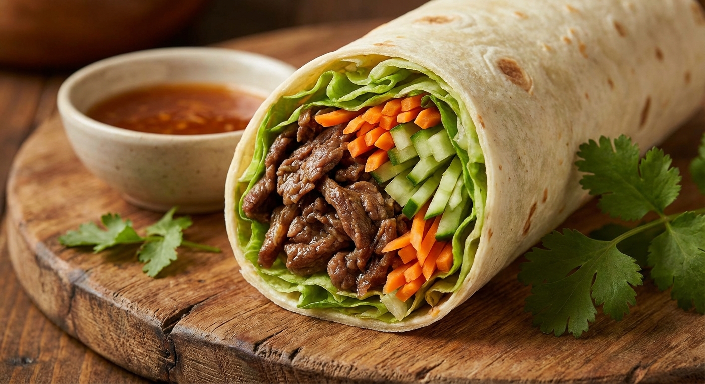 불고기와 채소가 가득 든 또띠아 롤 단면