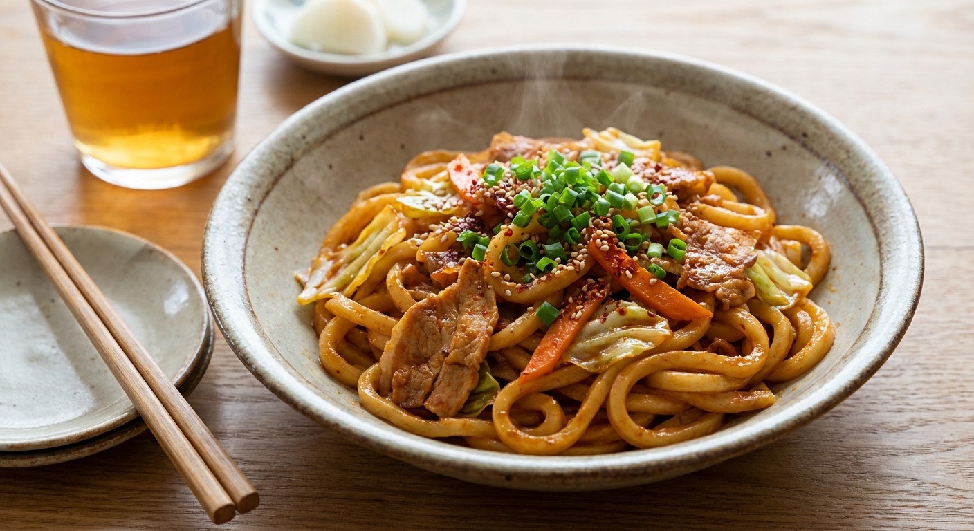 매콤한 양념이 입혀진 볶음우동