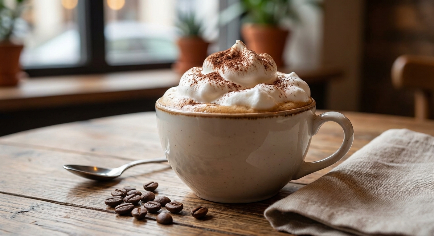 폭신한 흰자 크림이 얹어진 커피 한 잔