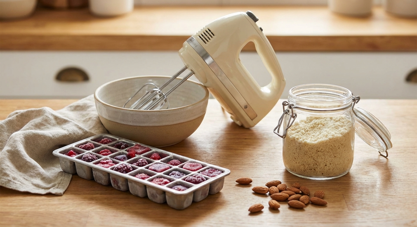 핸드믹서와 제빙틀, 아몬드가루가 놓인 주방 풍경