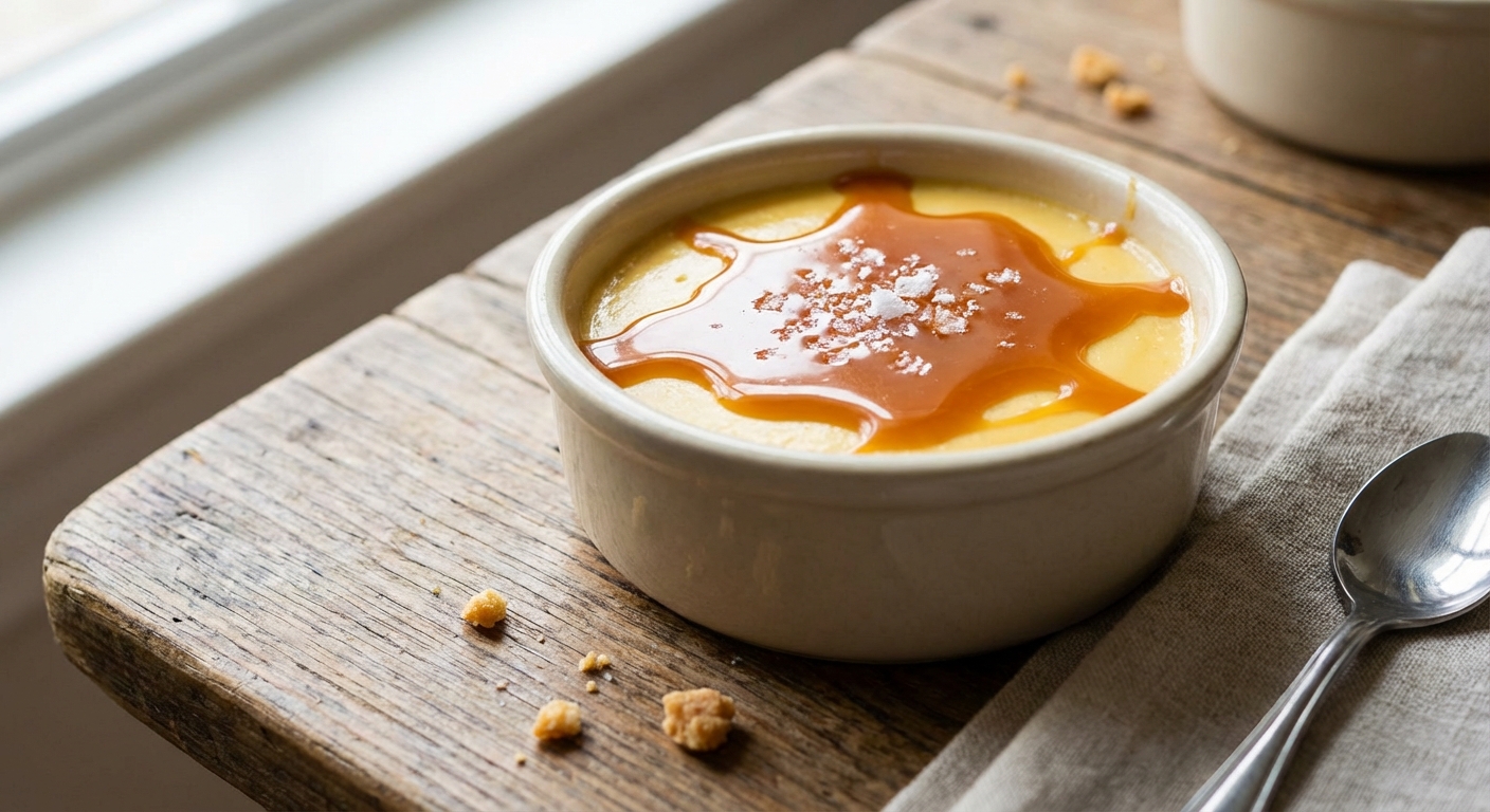 카라멜 소스가 올려진 노른자 푸딩