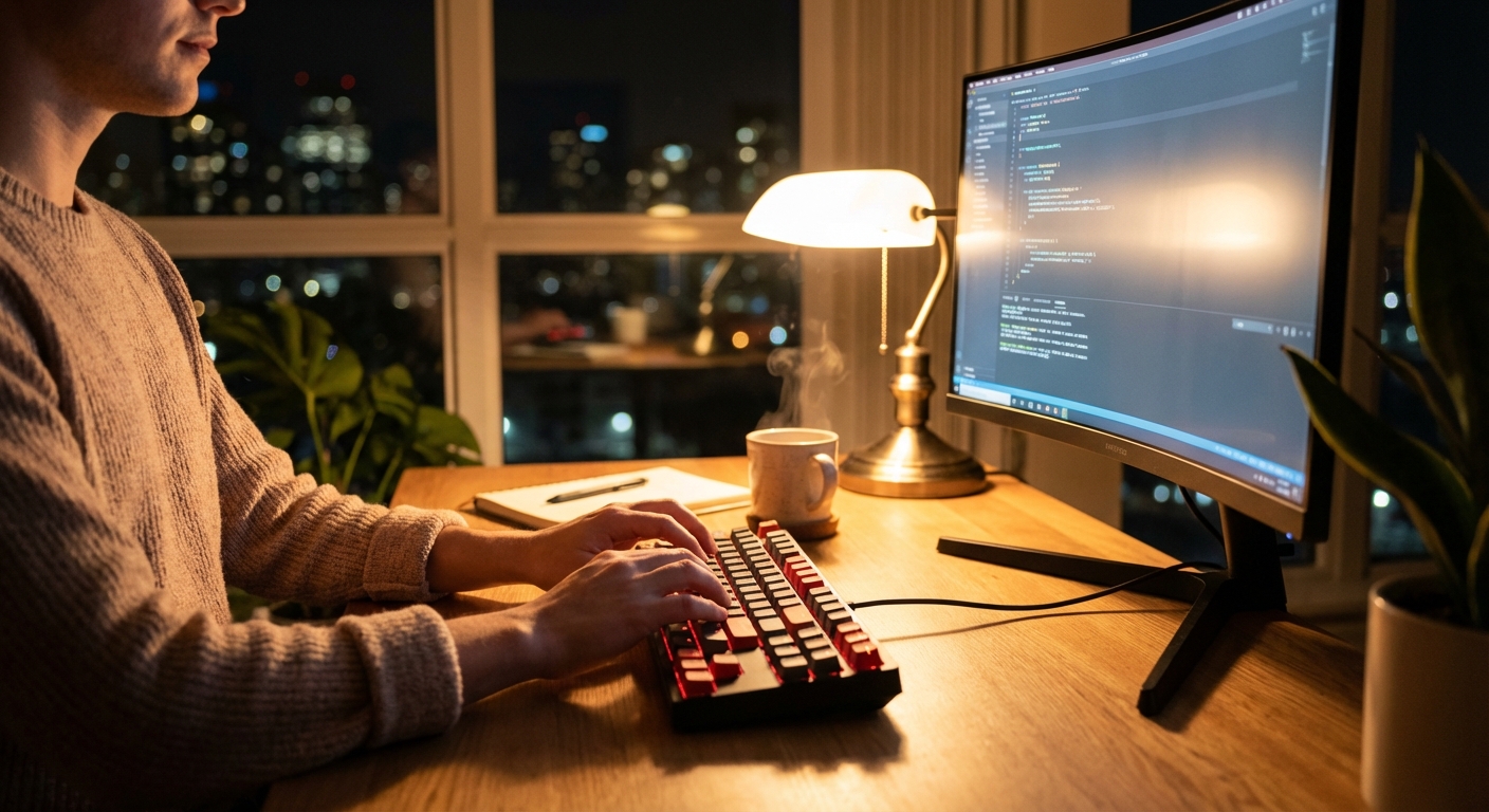 적축 키보드로 야간 작업하는 모습