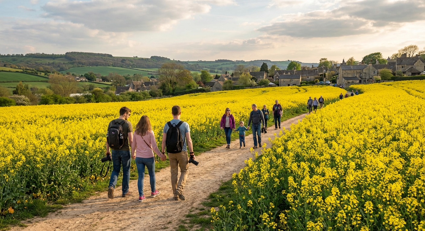 유채꽃 사이 산책로를 걷는 사람들