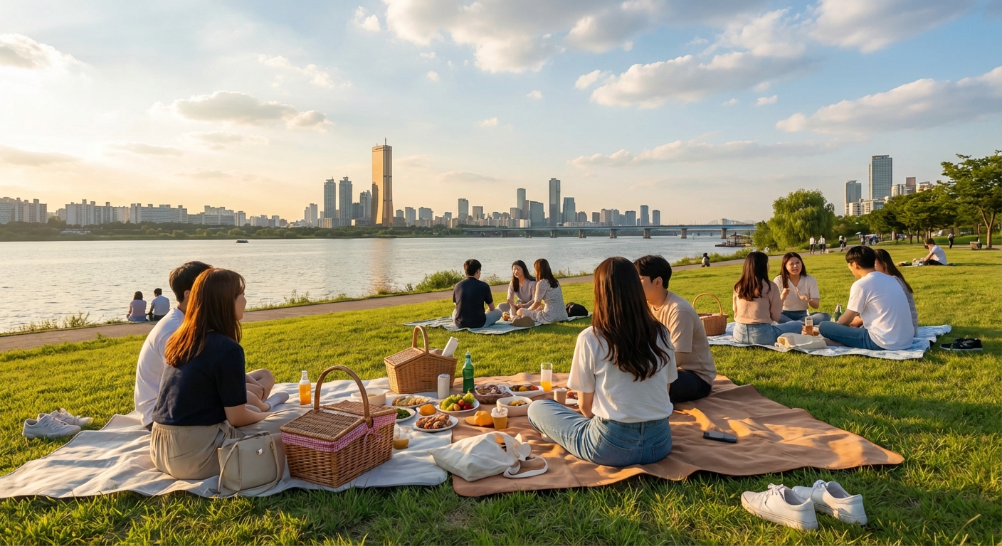 한강을 배경으로 피크닉을 즐기는 모습