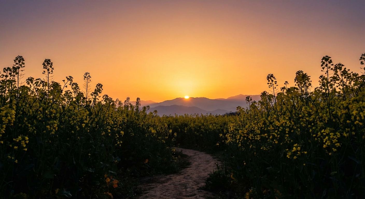 석양을 배경으로 한 유채꽃밭 실루엣