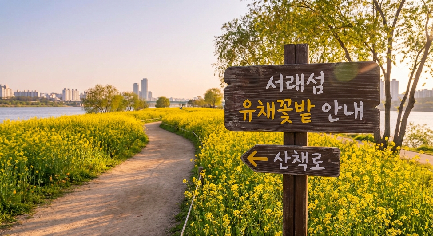 서래섬 유채꽃밭 안내 표지판과 산책로
