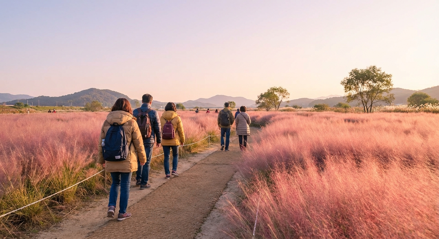 핑크뮬리 사이로 걷는 사람들