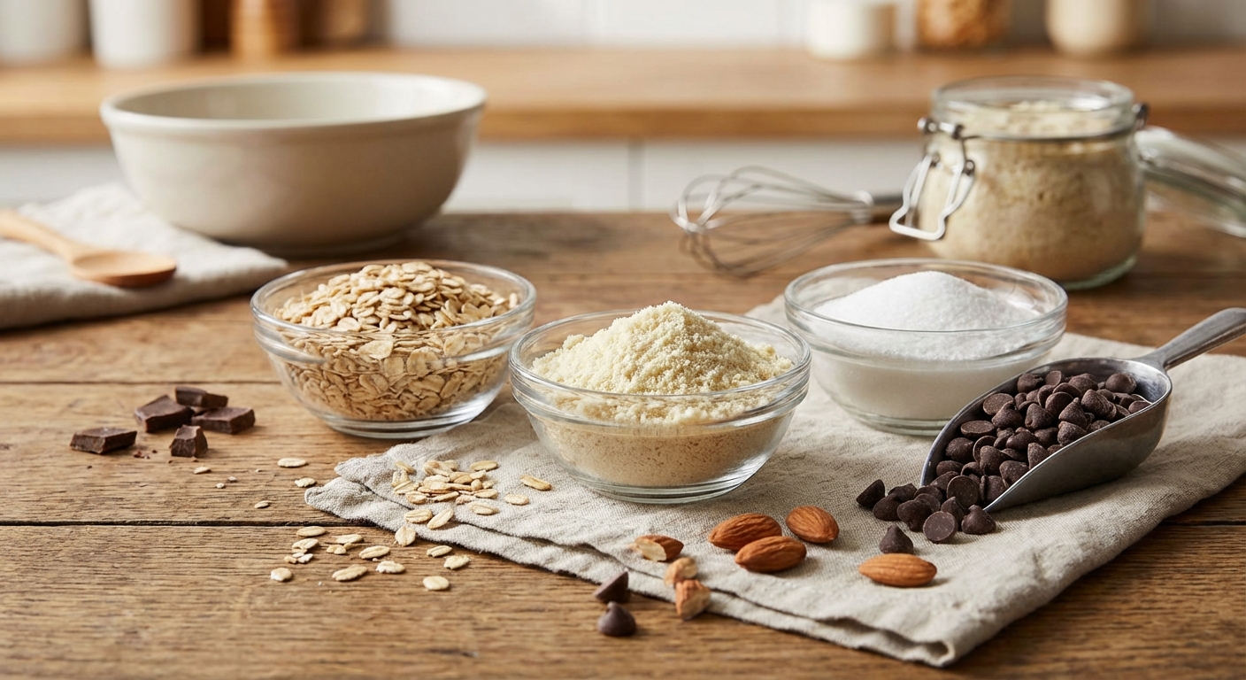 저당 쿠키 재료 — 오트밀, 아몬드 가루, 에리스리톨, 다크 초콜릿 칩