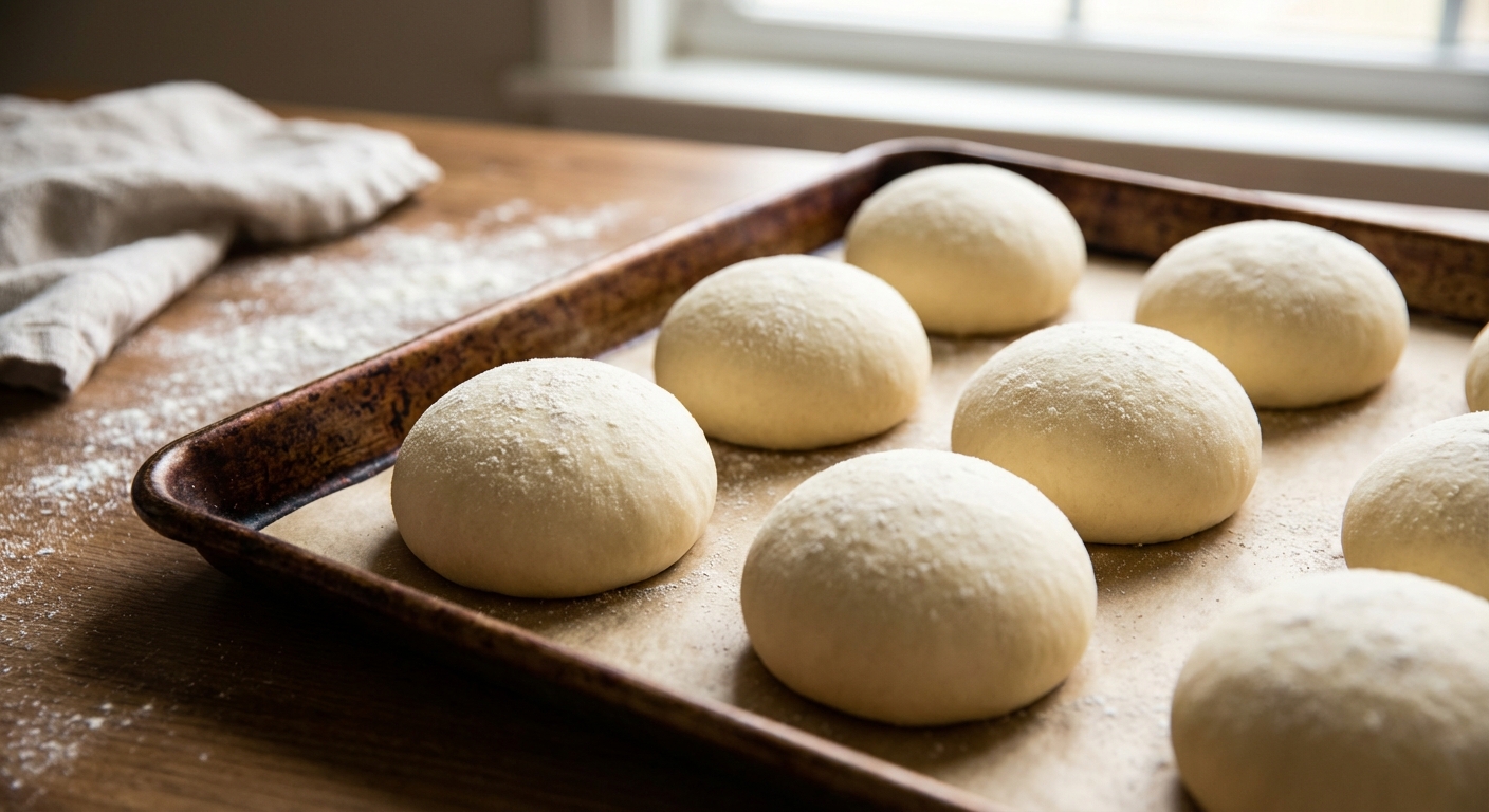 반죽을 동그랗게 빚어 베이킹 팬 위에 올린 모습