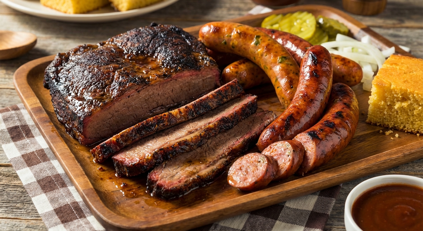 브리스킷과 소시지가 담긴 플레이트