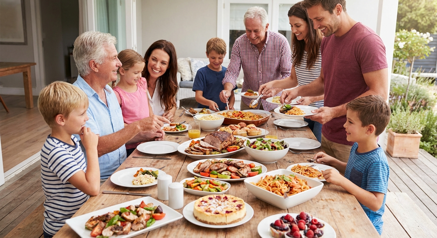 가족 단위 케이터링 파티 장면