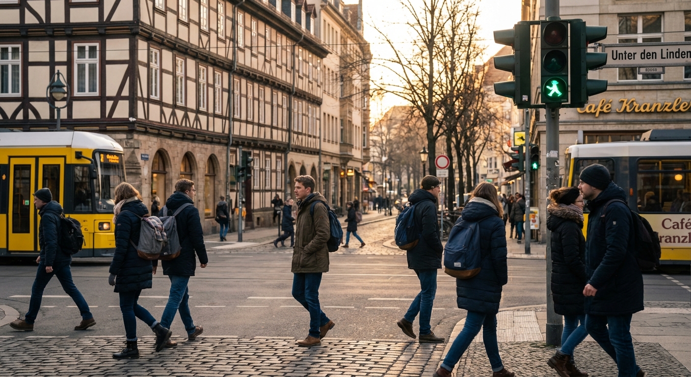 독일 거리 횡단보도를 건너는 보행자들