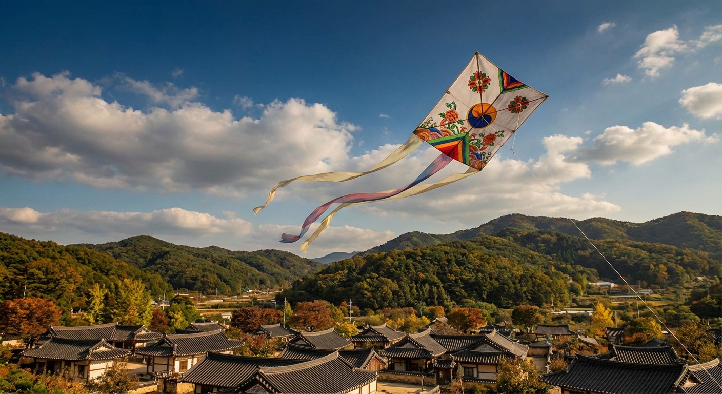 푸른 하늘에 날아가는 전통 연