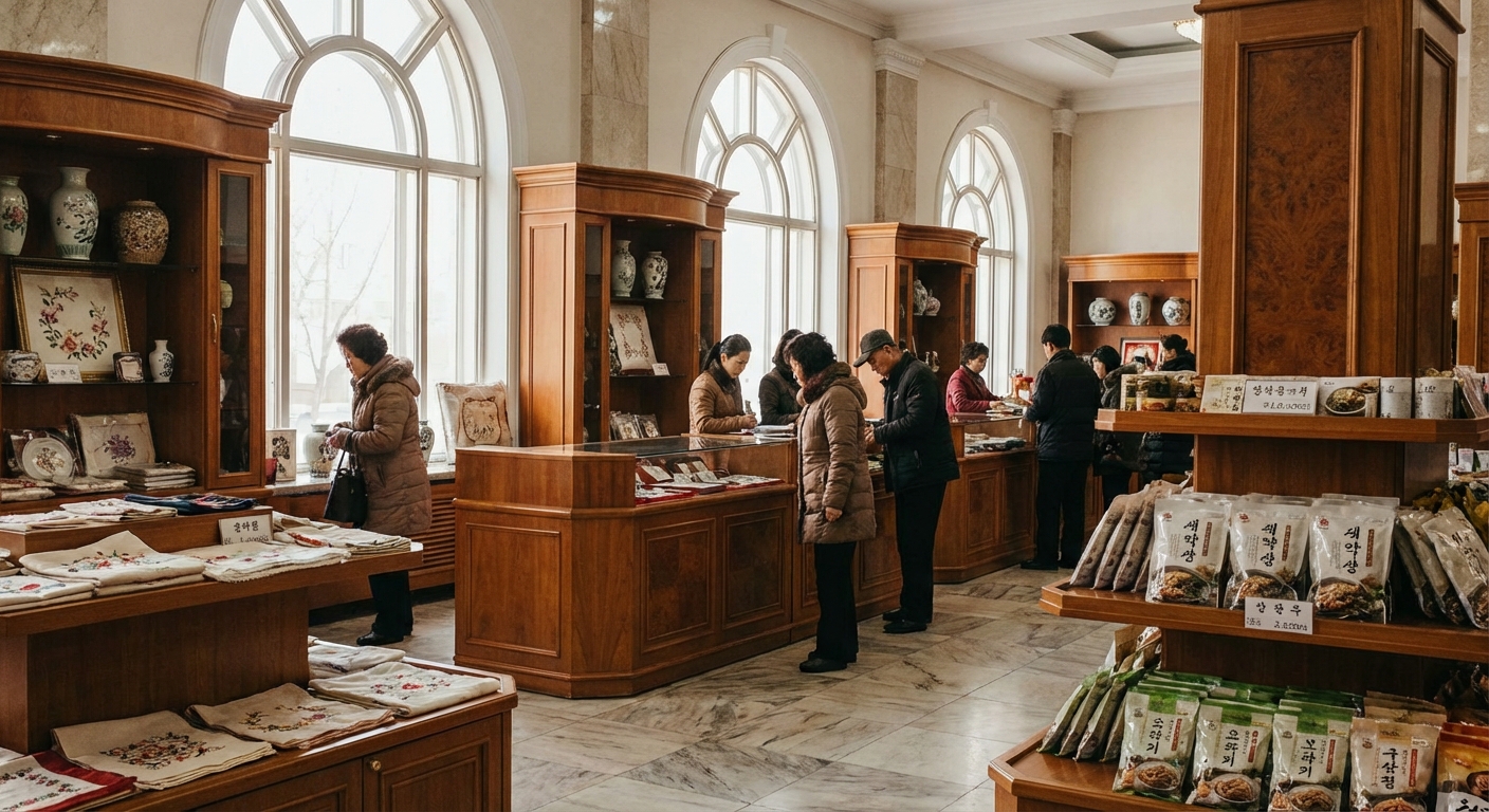 평양 백화점 내부와 진열된 상품들