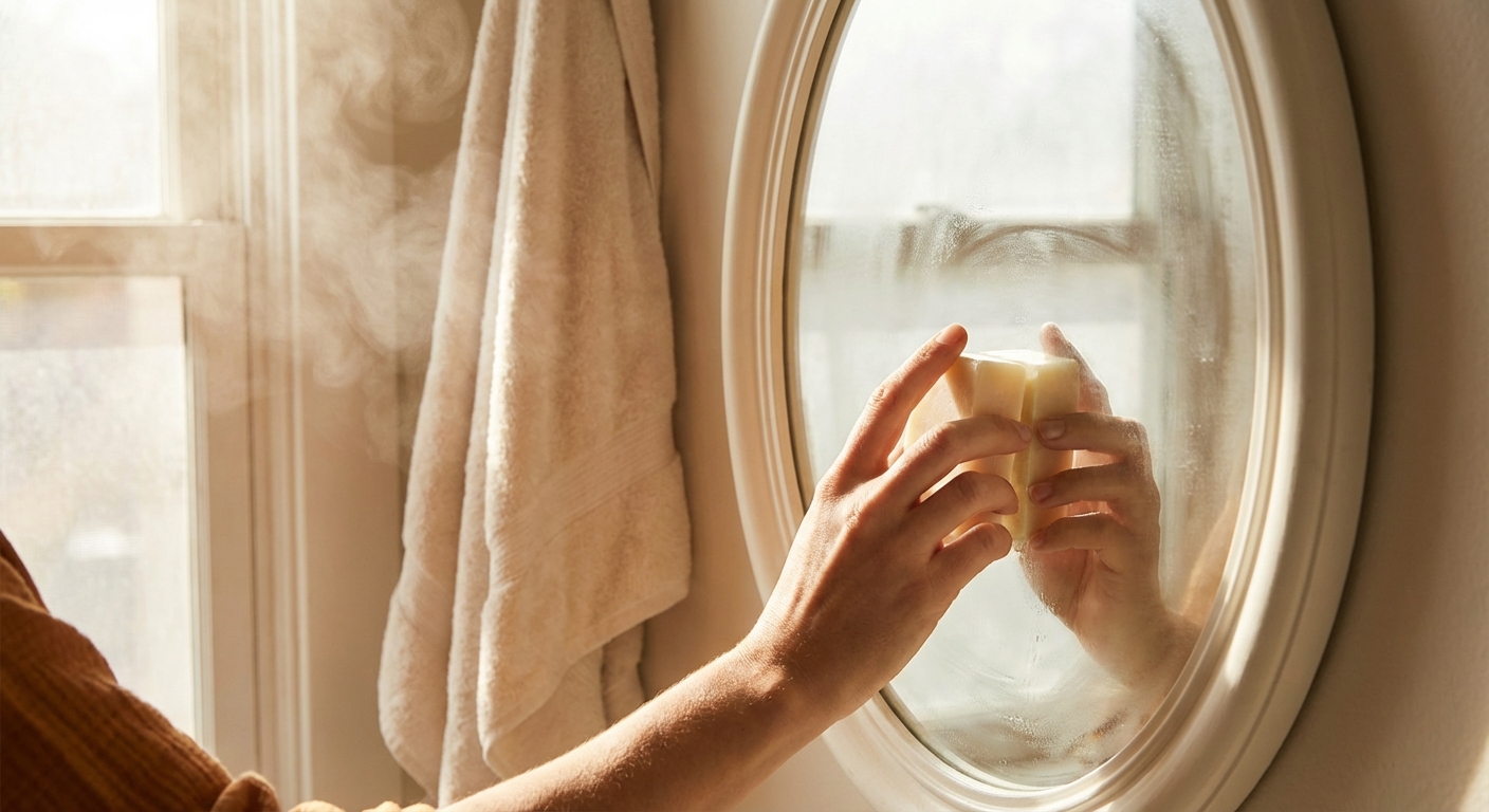 비누를 거울에 바르는 모습