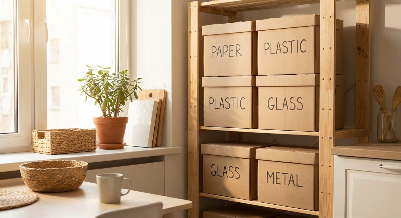 깔끔하게 정리된 재활용 박스 더미