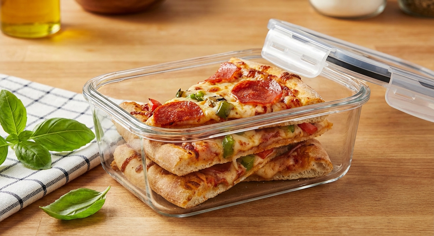 밀폐용기에 보관된 피자 조각들
