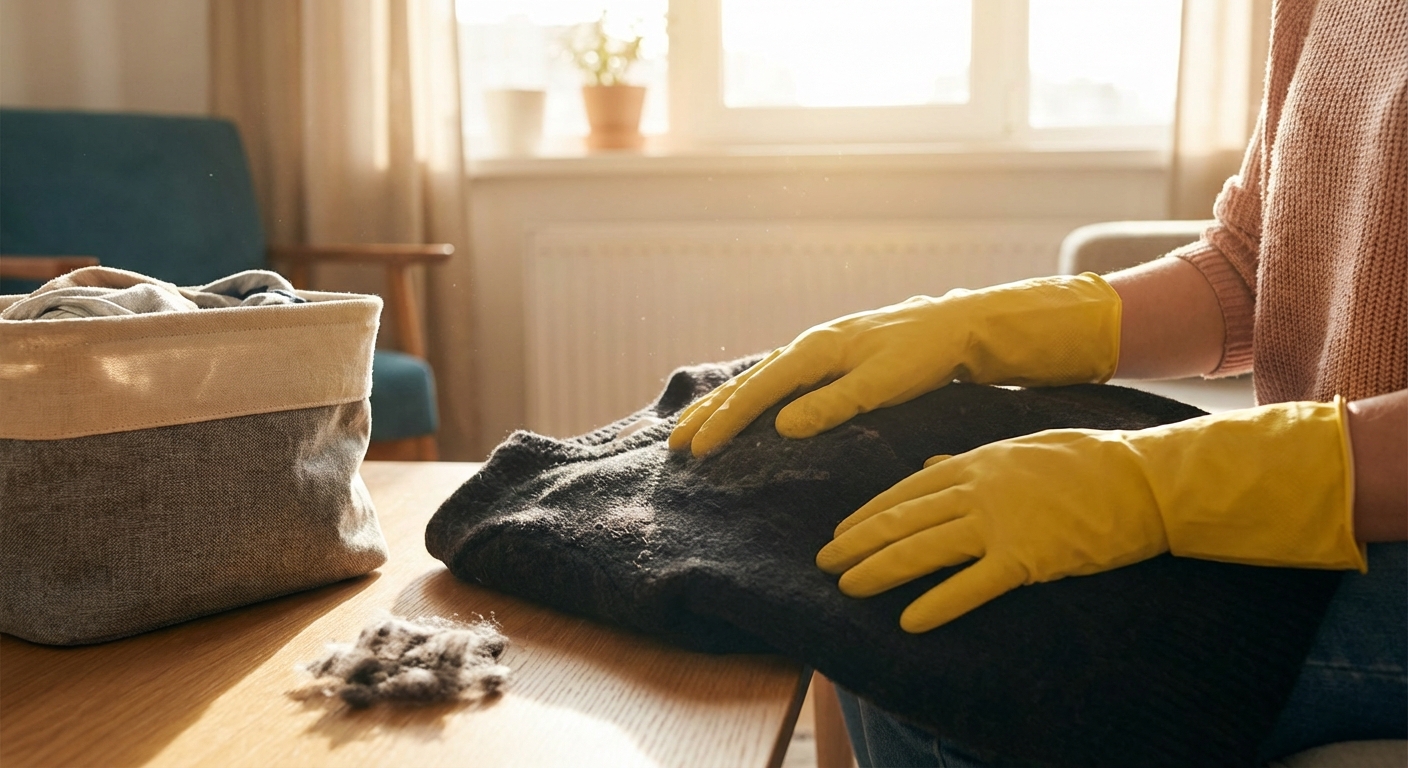 고무장갑으로 옷 먼지 제거하는 과정