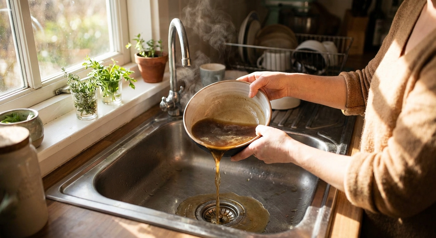 싱크대 배수구에 국물을 붓는 모습