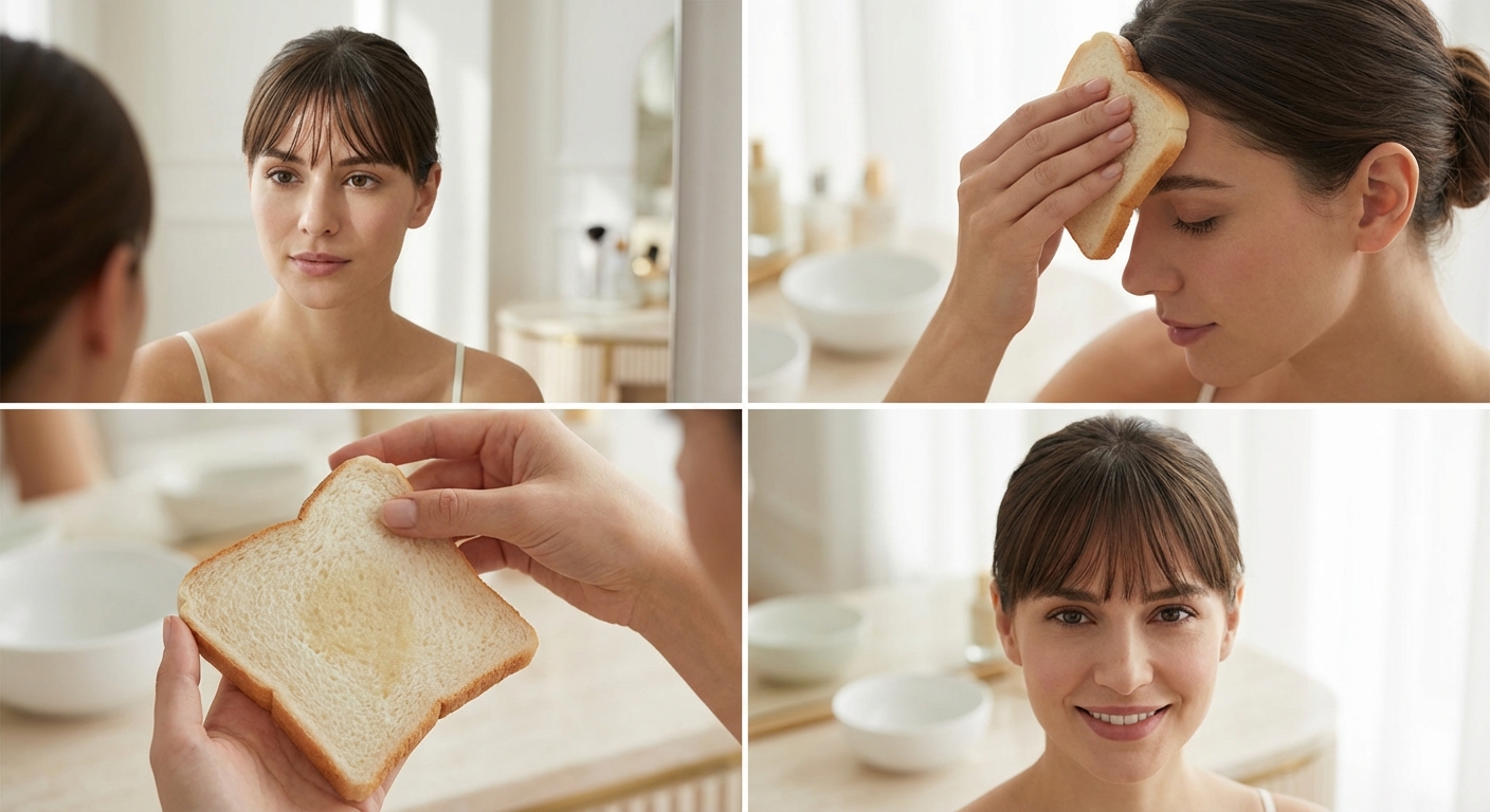 식빵으로 앞머리 기름기 제거하는 단계별 과정 사진