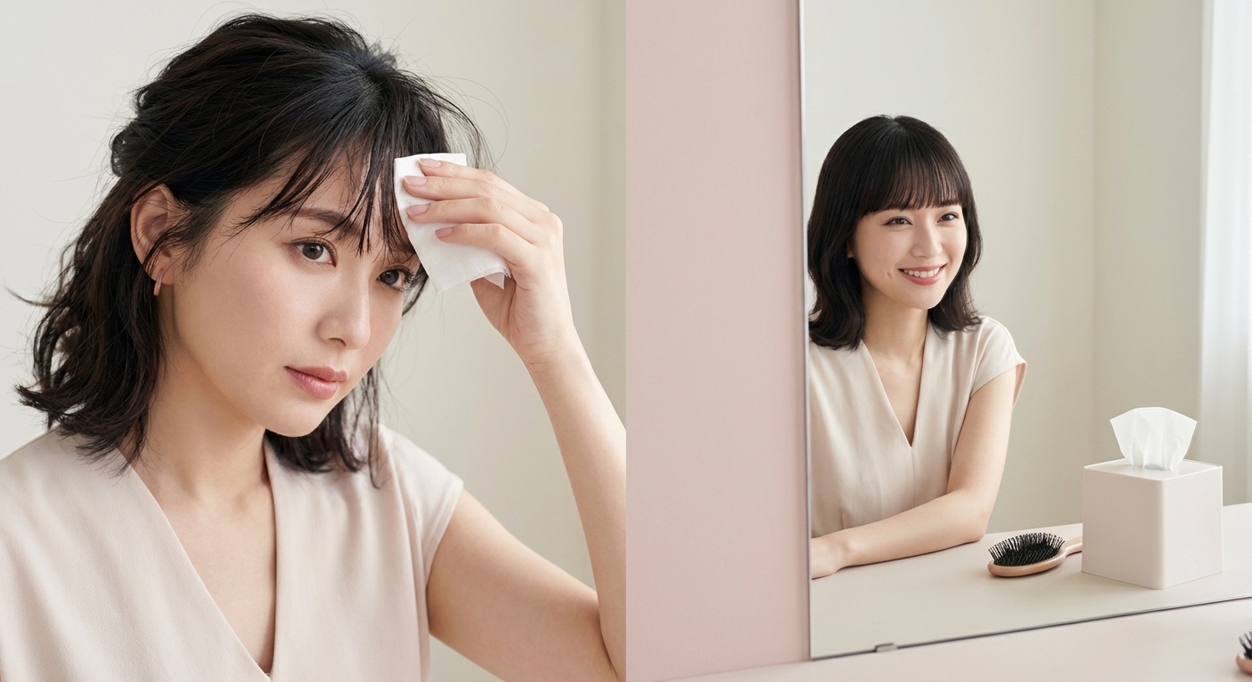 티슈로 앞머리 관리하는 모습과 전후 비교