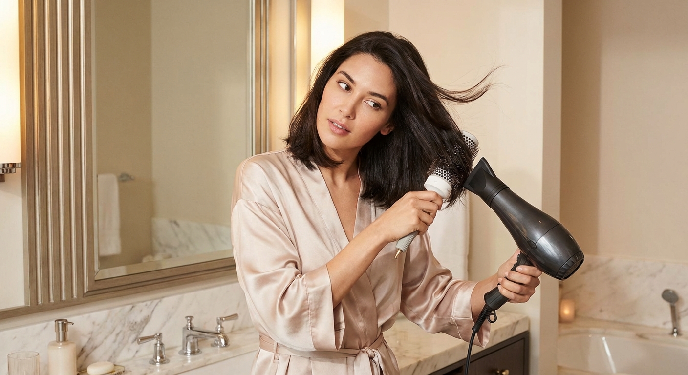 드라이어로 가르마 반대 방향으로 말리는 모습