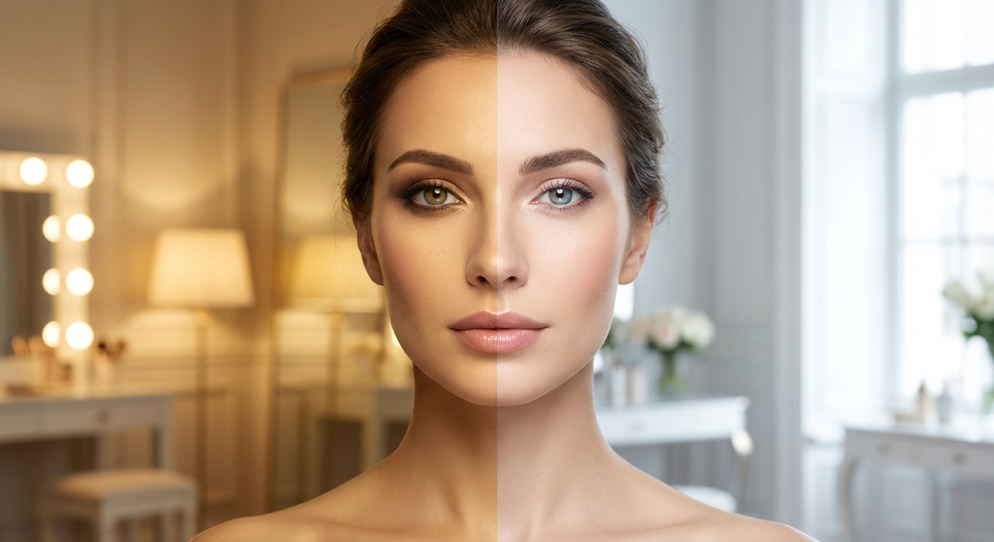 황색 조명 아래 메이크업과 자연광 비교