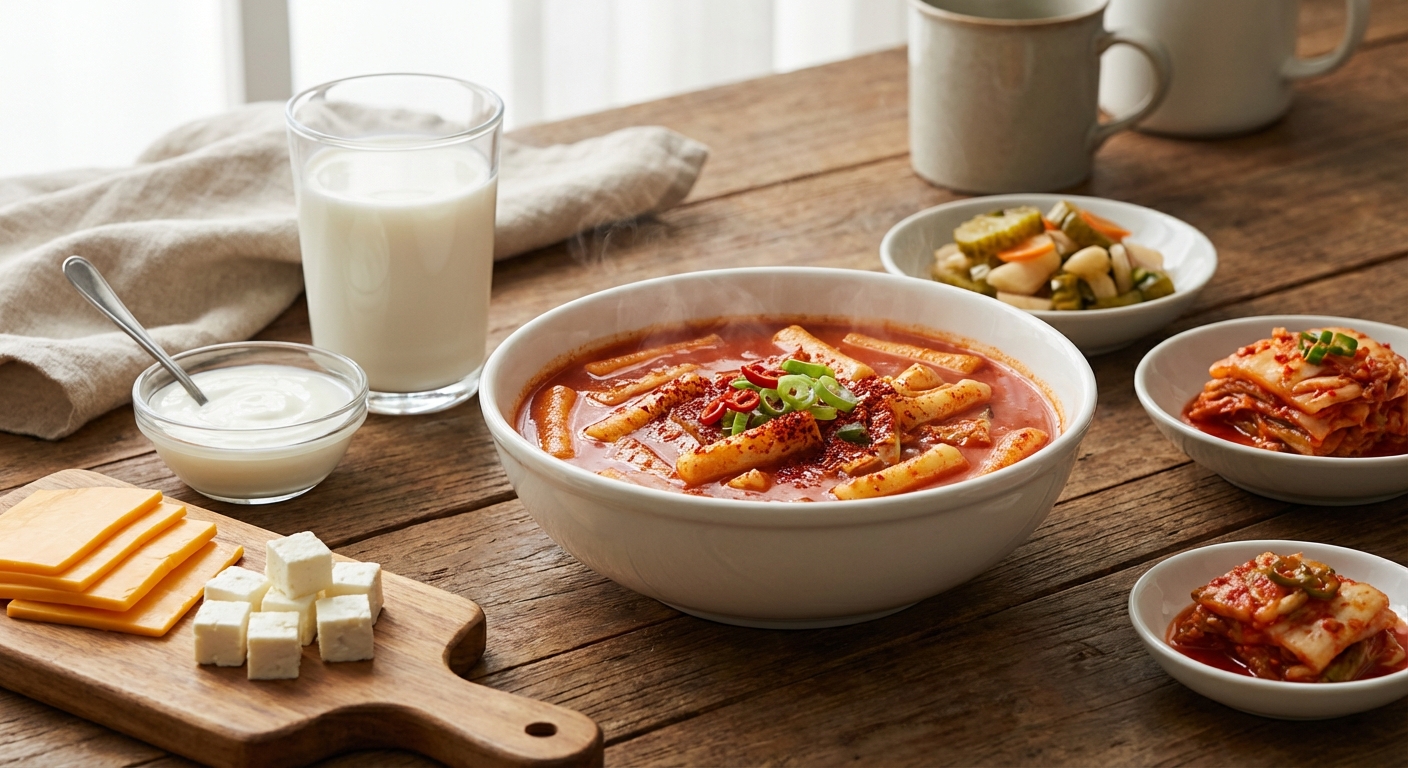 매운 음식과 함께 차려진 우유, 요거트, 치즈 등