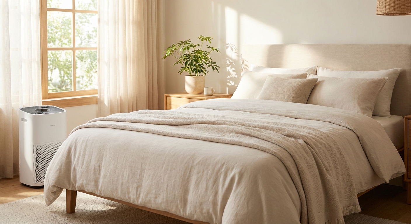 공기청정기와 깨끗한 침실 인테리어