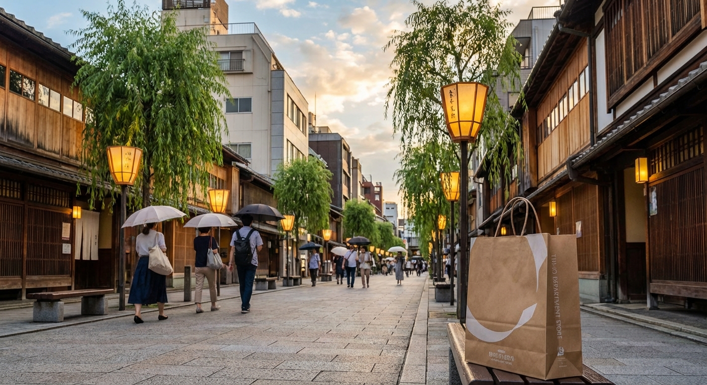 도쿄 거리 풍경과 쇼핑백