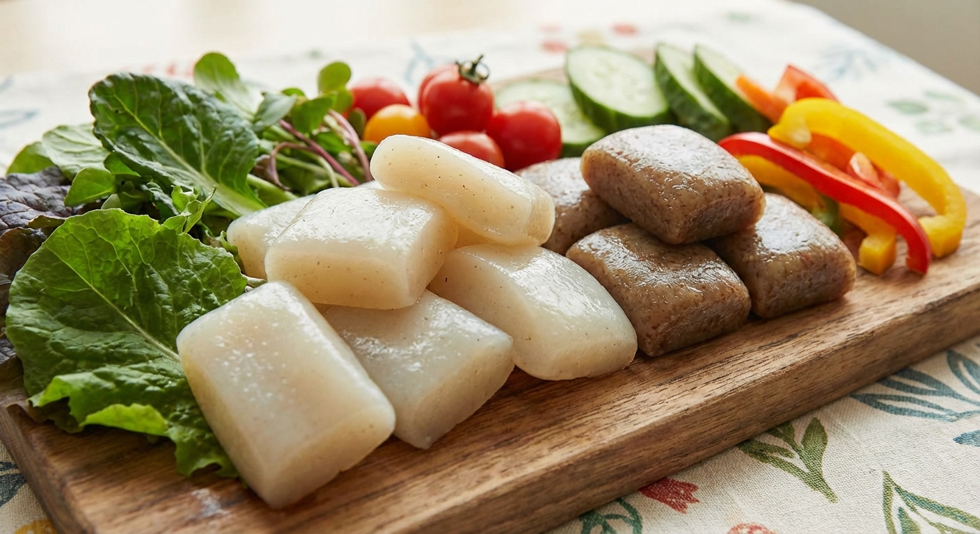 곤약떡과 현미떡, 신선한 야채들