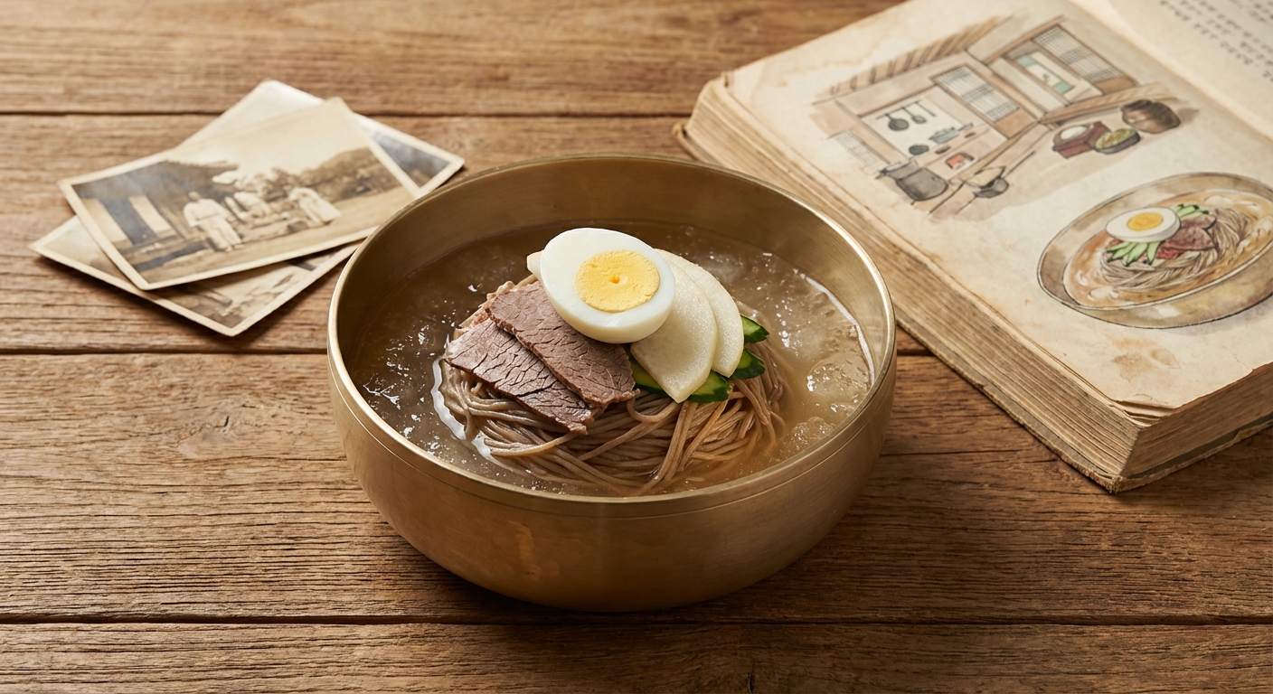 평양냉면의 역사를 보여주는 옛 사진 또는 일러스트