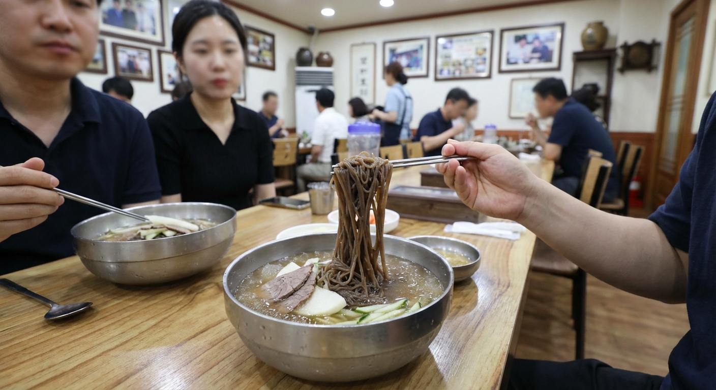 평양냉면을 먹는 사람들의 모습 또는 냉면집 풍경