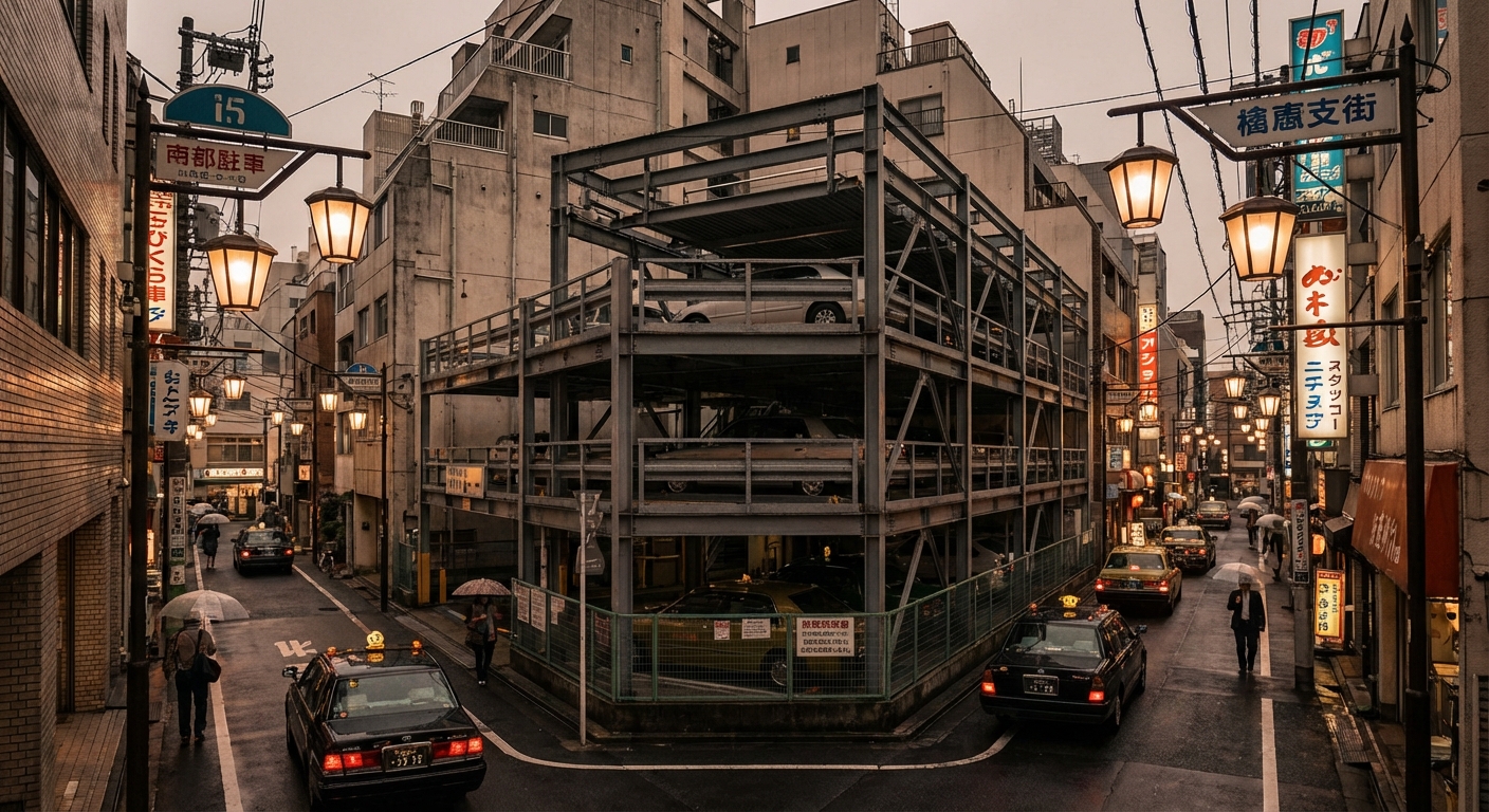 일본 도심 주차장과 도로 표지판