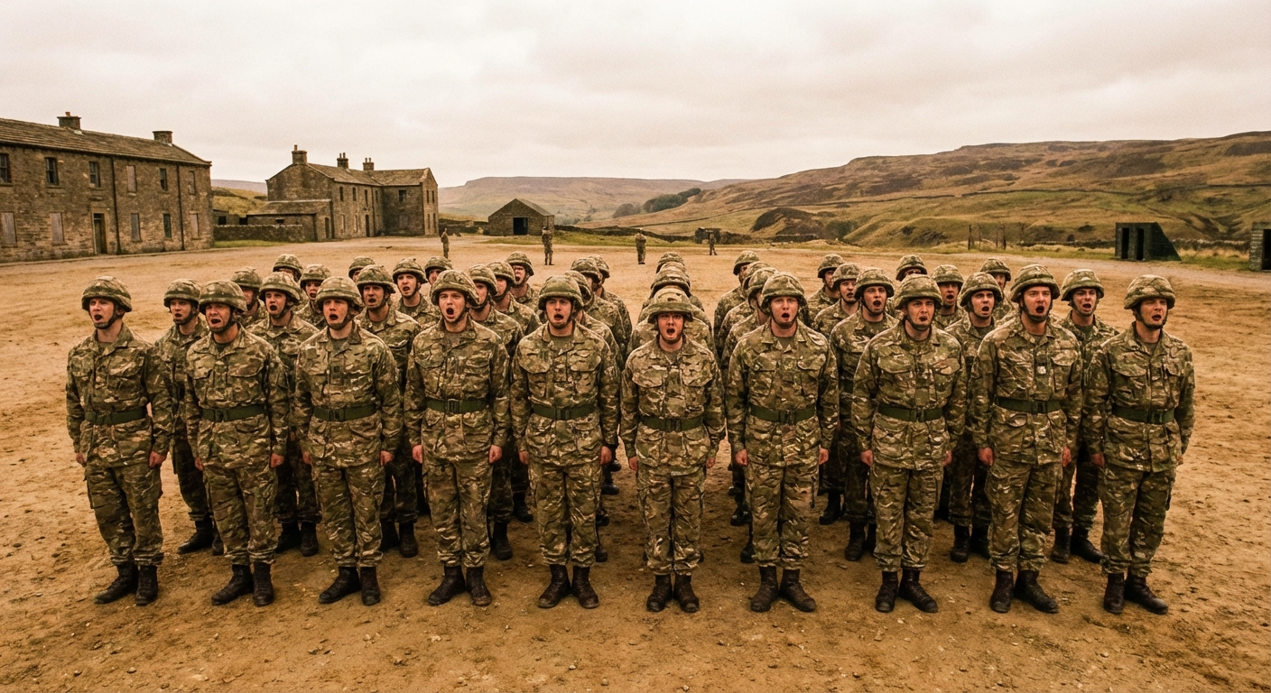 군인들이 일제히 구호를 외치는 훈련 장면