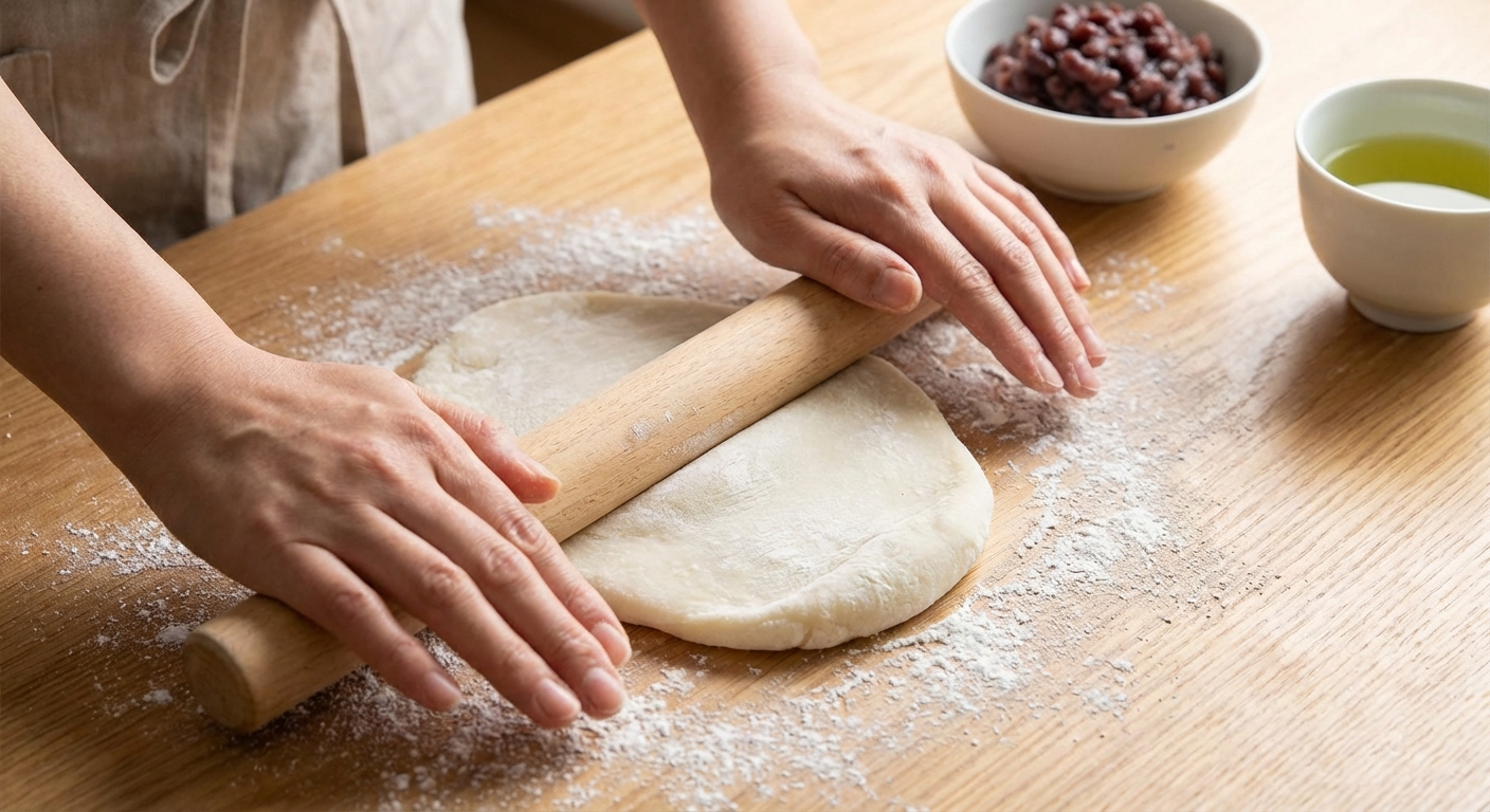 모찌 반죽을 밀대로 펴는 과정