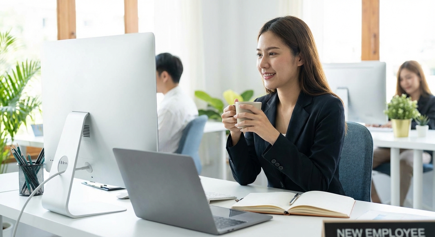 사무실에서 컴퓨터 앞에 앉아 업무 준비 중인 신입사원