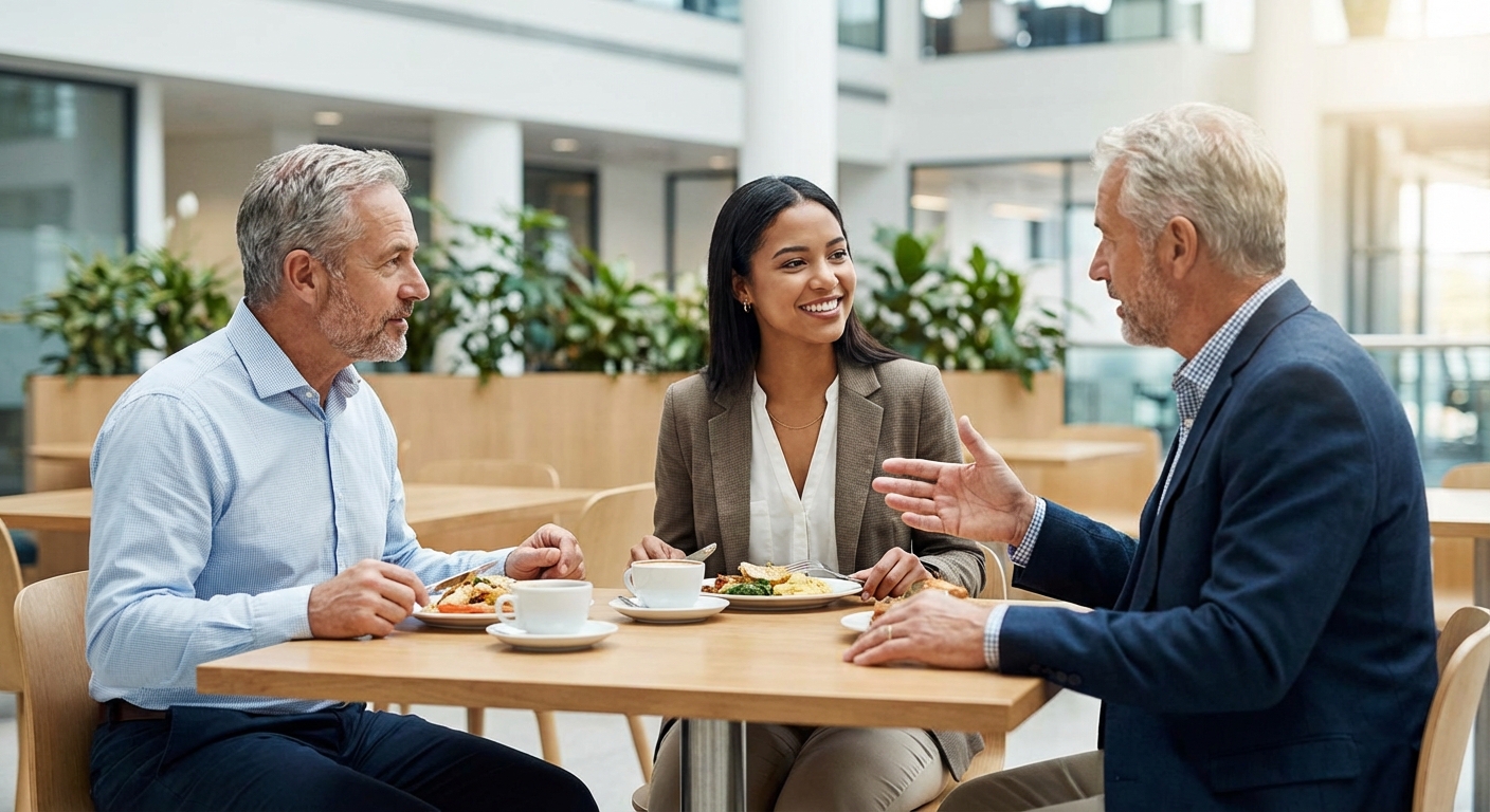 점심시간에 선배 직원들과 식사하며 대화 나누는 신입사원