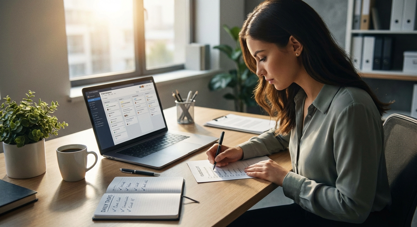업무 체크리스트를 작성하고 있는 신입사원의 책상 모습